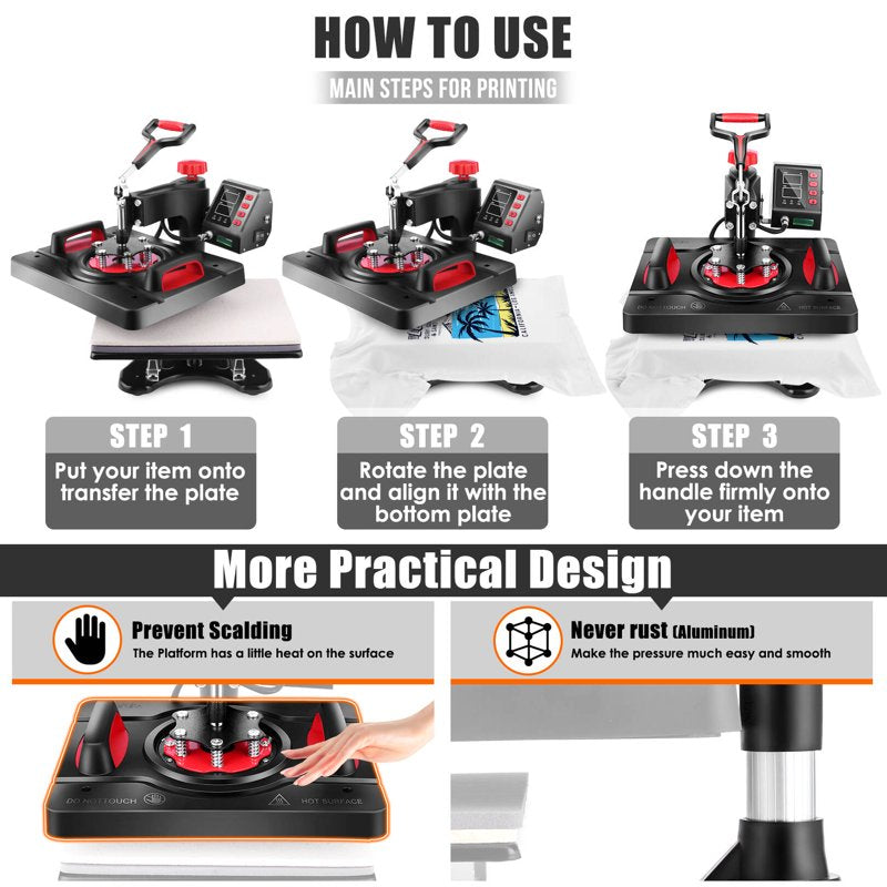 5-in-1 Heat Press Machine 15x12 Inch with Digital Control for T-Shirts Mugs Hats