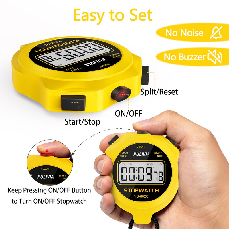 Digital Sport Stopwatch Timer - Large Display, Lap & Split Timing, Silent Operation
