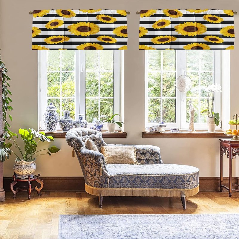 Set of 2 Sunflower Window Valances with Adjustable Rod Pocket - Summer Floral Blackout Drapes for Kitchen & Living Room