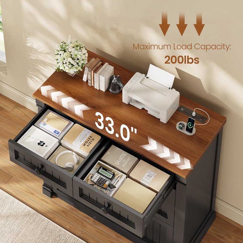 Farmhouse 4-Drawer File Cabinet with Power Outlets, Black and Brown Wood Office Storage