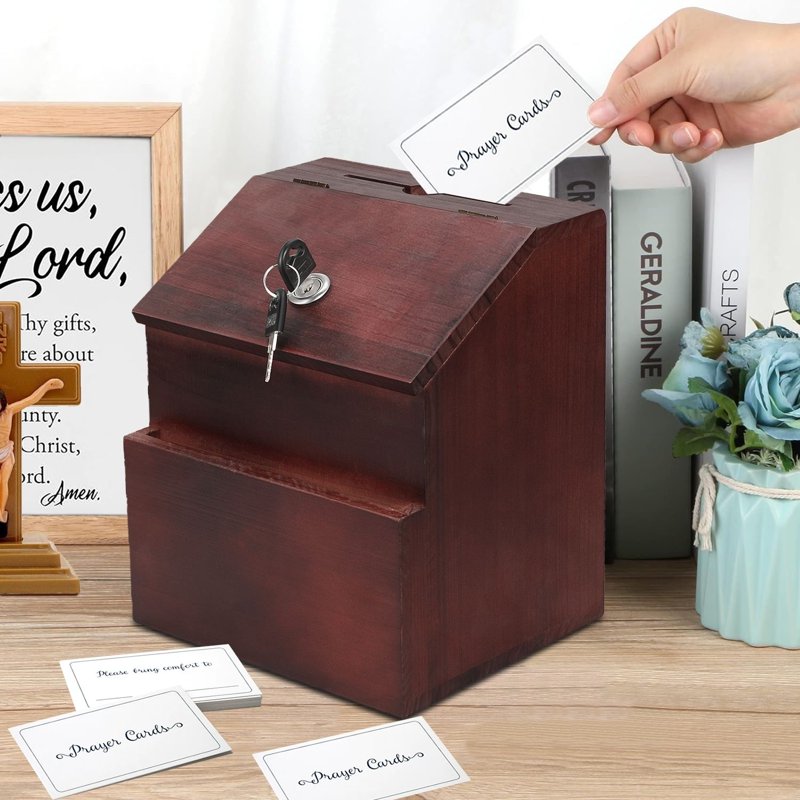 Lockable Wooden Suggestion Box with Key Lock - Wall Mount or Free Standing, Red Mahogany