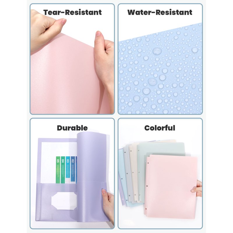 3-Hole Plastic Pocket Folders 6 Pack Pastel Colors for Binders