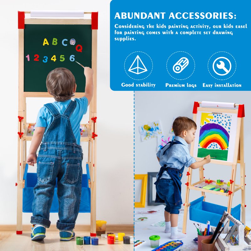 Kids Wooden Magnetic Chalkboard & Whiteboard Easel with Paper Roll - Toddler Art Gift