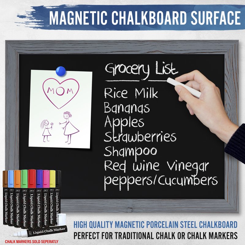 Magnetic Wall Chalkboard 18x24 Inches - Rustic Grey Frame for Kitchen & Events