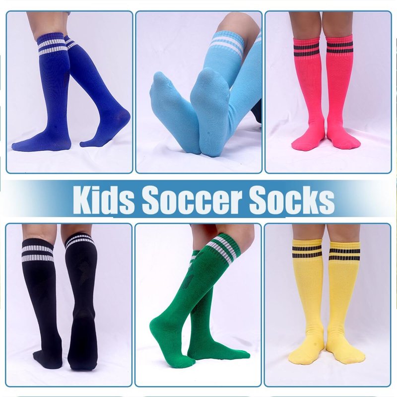 Kids Soccer Socks 6 Pairs Knee High Striped Athletic Sports Tube Socks for Boys & Girls
