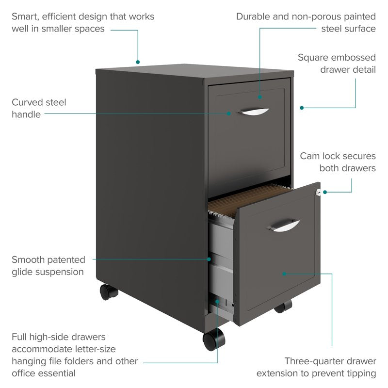 18-Inch Deep Mobile 2-Drawer Steel File Cabinet for Office & Home Organization