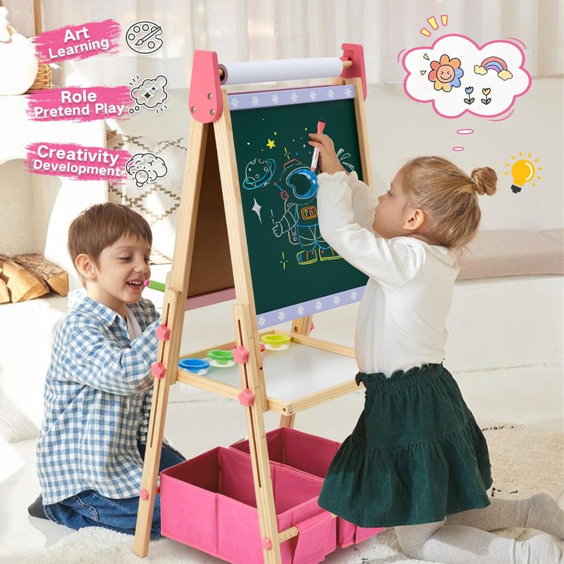 Kids Art Easel with Whiteboard & Chalkboard, Adjustable Wooden Dual-Sided Craft Station