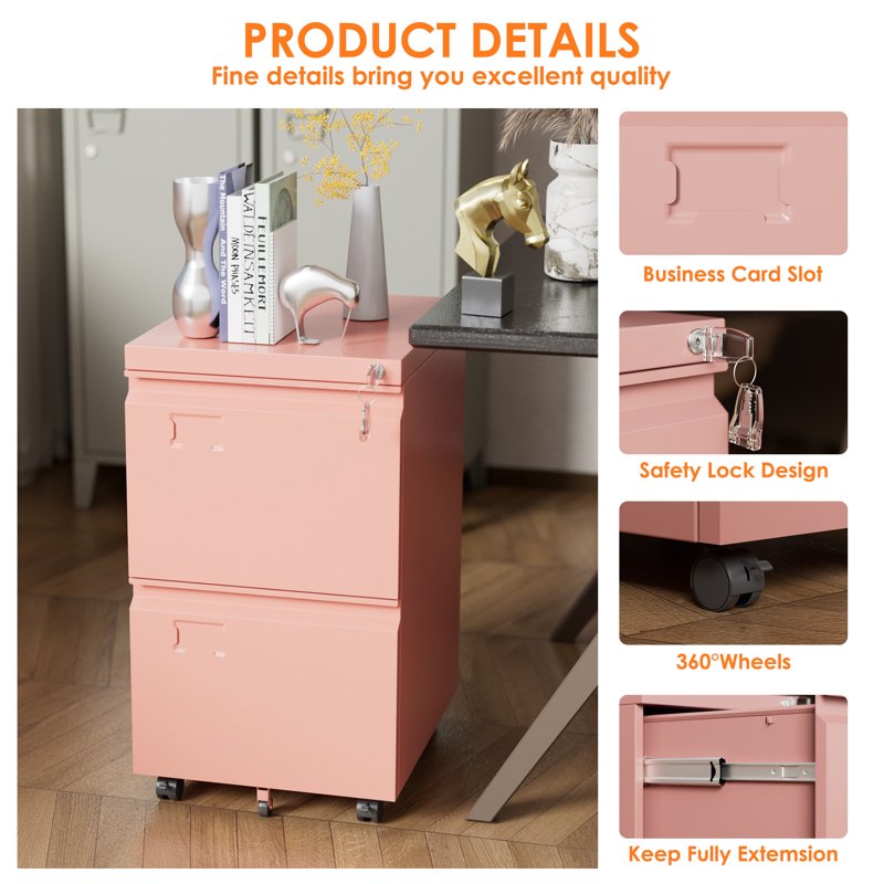 Metal Mobile File Cabinet with Wheels - Lockable Under-Desk Storage Drawer