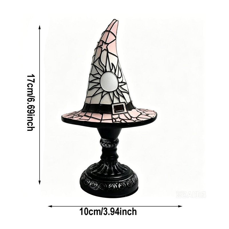 Table Lamp - Stained Glass Witch Hat Night Light, 7in Handcrafted Resin Décor (Variation: S(7in)L)
