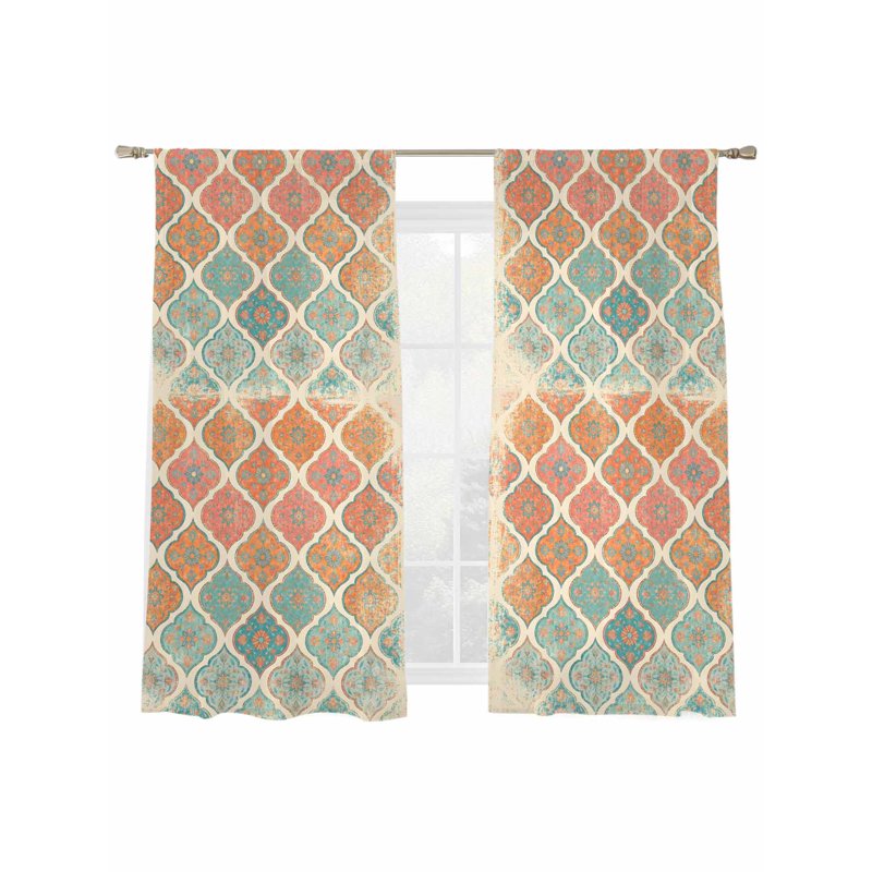 Boho Sheer Curtains Set - 2 Panels with Rod Pocket for Bedroom & Living Room