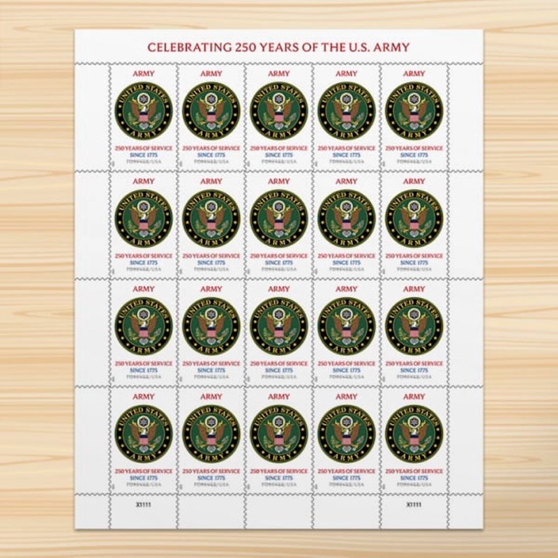 U.S. Army 250th Anniversary Postage Stamp Sheet of 20 - Patriotic Military Collectible