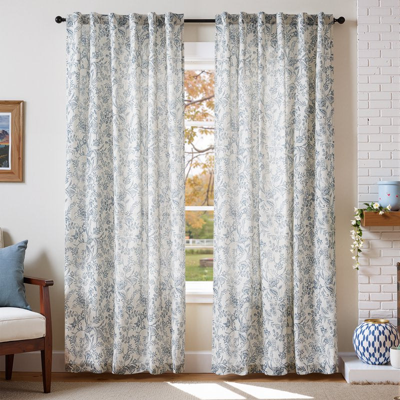 Farmhouse Floral Linen Curtains - Light Filtering Back Tab Window Drapes