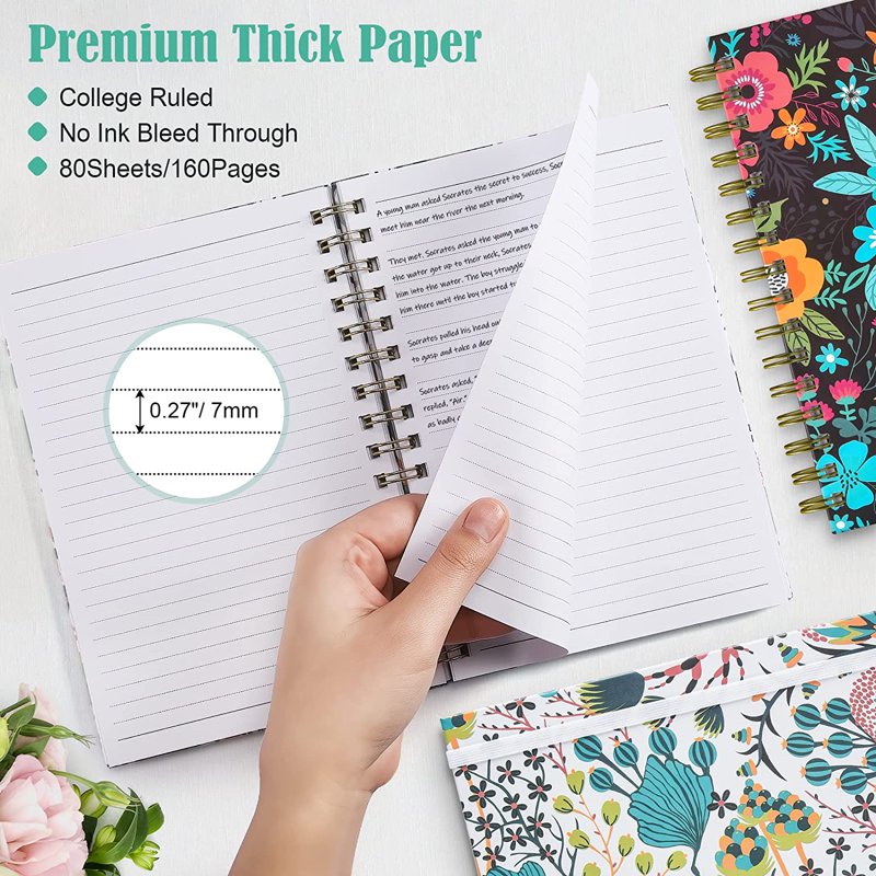 4 Pack A5 Spiral Notebooks Hardcover Floral Lined Journals for Writing & Office