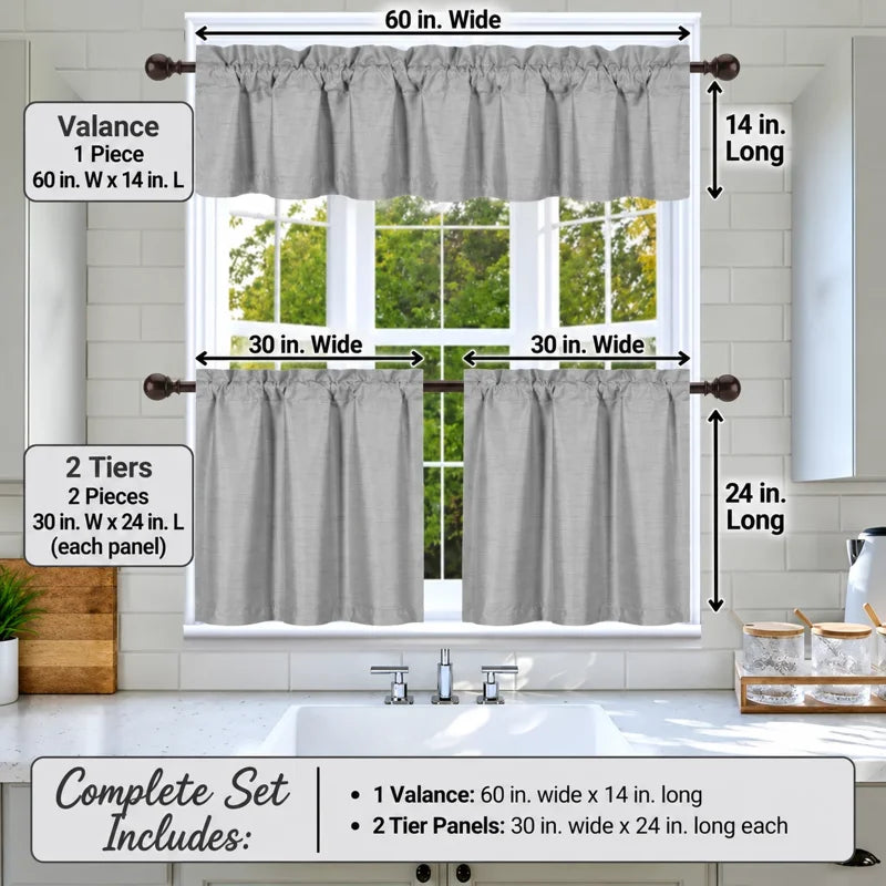 Faux Silk Blackout Kitchen Curtain Set - 3 Piece Window Treatment with Valance