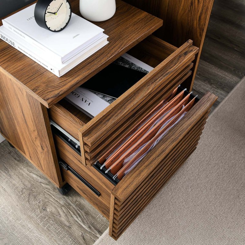 Modern Wood and Plastic File Cabinet - Walnut Finish, 2-Drawer Office Storage