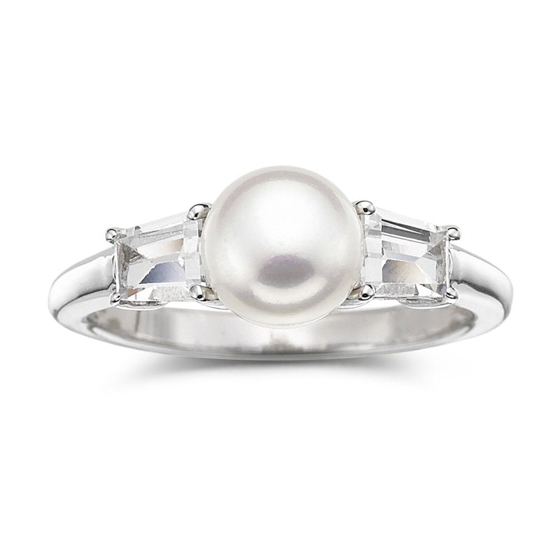Sterling Silver Pearl and White Sapphire Ring - Hypoallergenic Jewelry