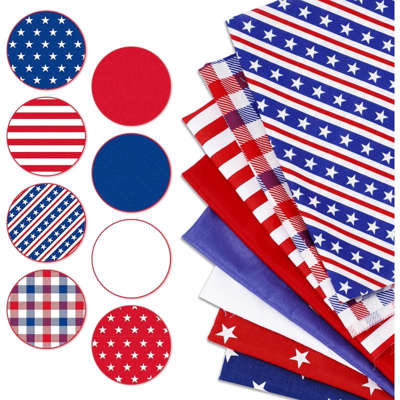 Patriotic Cotton Fabric Bundles 8pcs 10x10 Inch for 4th of July Quilting & DIY Crafts