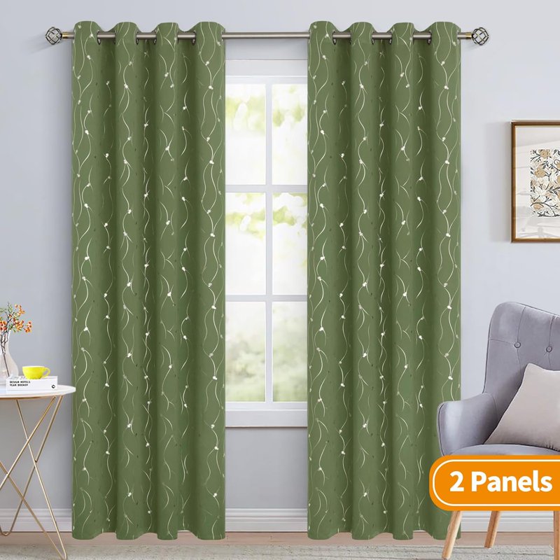 Olive Green Blackout Curtains 95 Inch Length 2 Panels Set - Thermal Insulated Grommet Window Drapes with Wave Dot Print