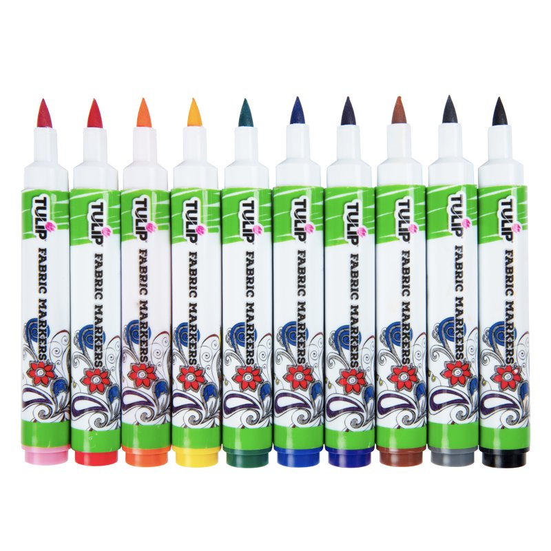 Rainbow Fabric Markers Set - 10 Brush Tip Markers for Textiles, Washable, Permanent