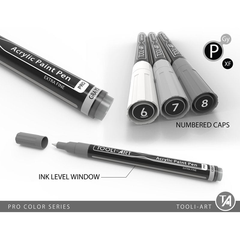Tooli-Art 22-Color Gray Acrylic Paint Pens Set | 0.7mm Extra-Fine Tip — Variation: Gray