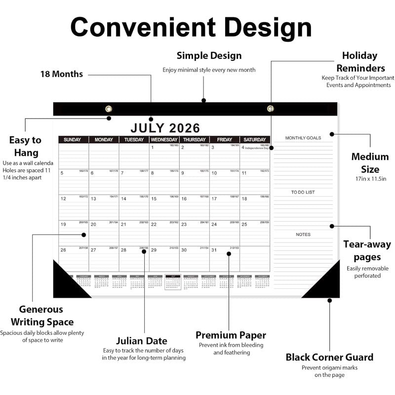 Desk Calendar 2026-2027, 17 x 11.5 in, 18-Month Jul 2026-Dec 2027, Julian Date, Monthly Goals & Notes – Includes Notes Variation