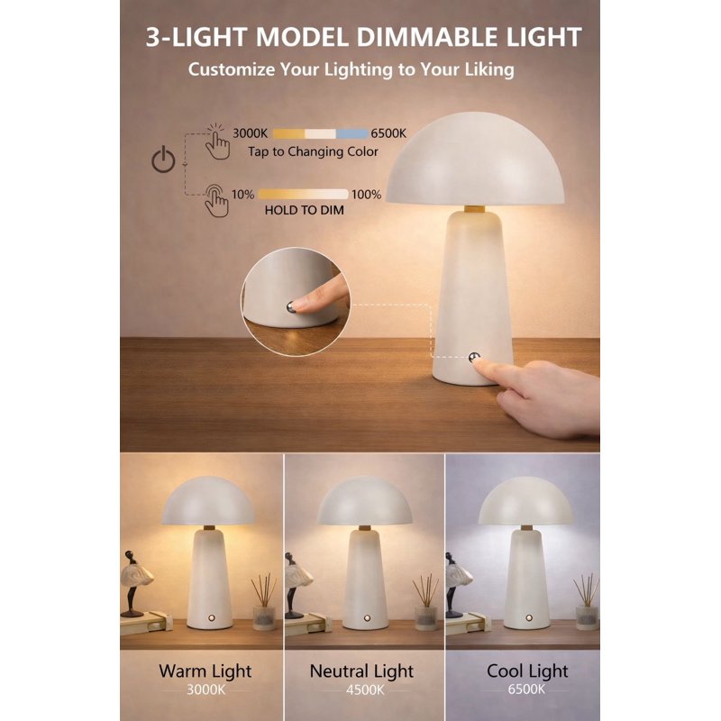 Rechargeable LED Table Lamp with Dimmable Touch Control - 9.5 Inch Modern Dome Light
