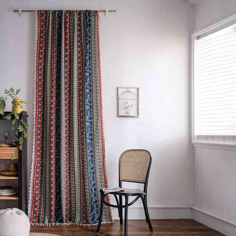 Boho Semi-Blackout Curtains with Colorful Stripes and Tassels - Various Sizes