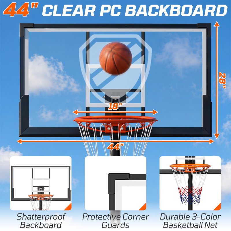 Portable Adjustable Basketball Hoop System with Shatterproof Backboard - Outdoor Indoor 44 Inch