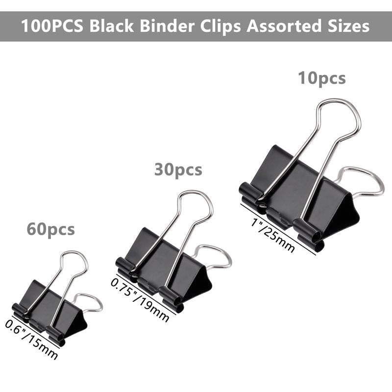 100PCS Assorted Binder Clips Set - Office & Home Paper Clamps in Multiple Sizes