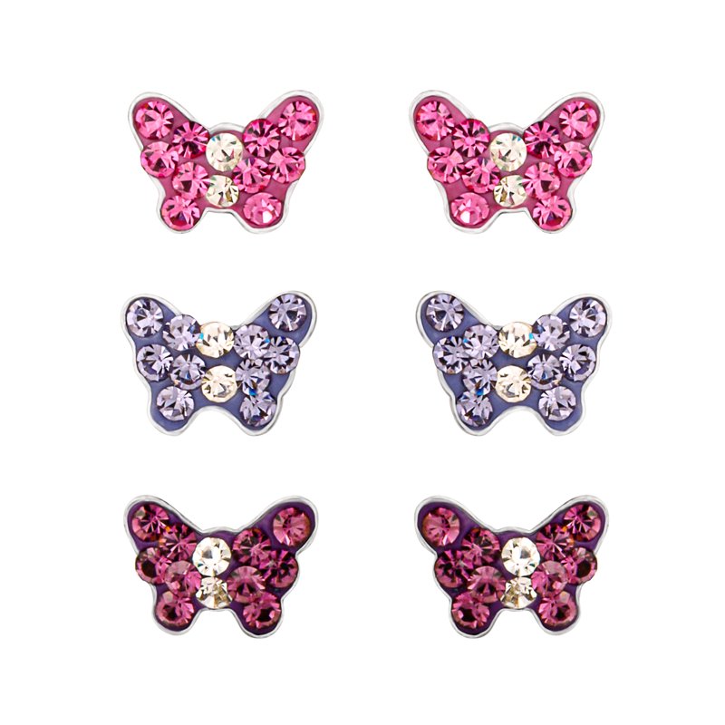 Sterling Silver Butterfly Stud Earrings Set for Girls - 3 Pairs