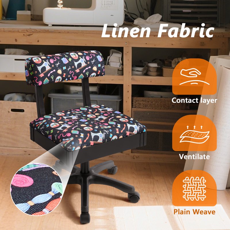 Adjustable Height Sewing Chair with Wheels & Under Seat Storage - Craft Room Furniture