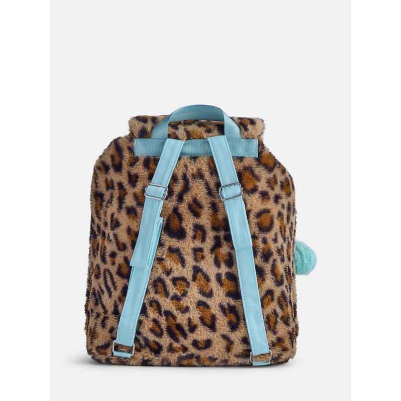 Girls Faux Fur Rucksack Backpack with Leopard Print, Adjustable Straps