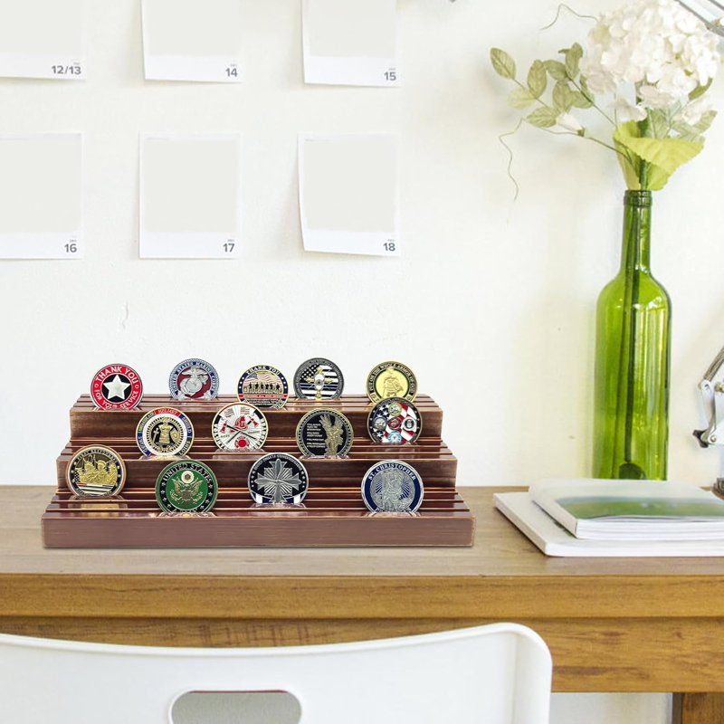 Wooden Challenge Coin Display Stand - Holds 45-60 Coins, 9 Rows Collector Display