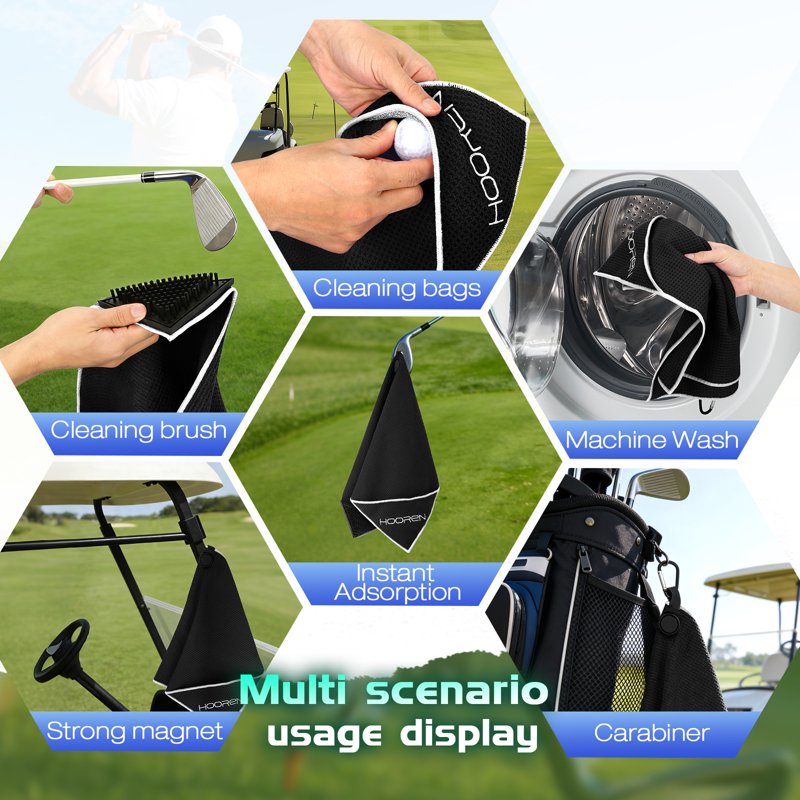 4-in-1 Magnetic Golf Towel with Brush & Cleaning Pocket - Microfiber Waffle Design
