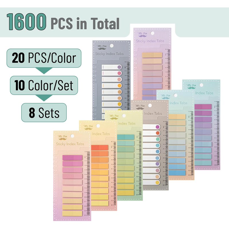 Multicolor Self-Adhesive Index Tabs - Repositionable 1600 Pack for Office & School