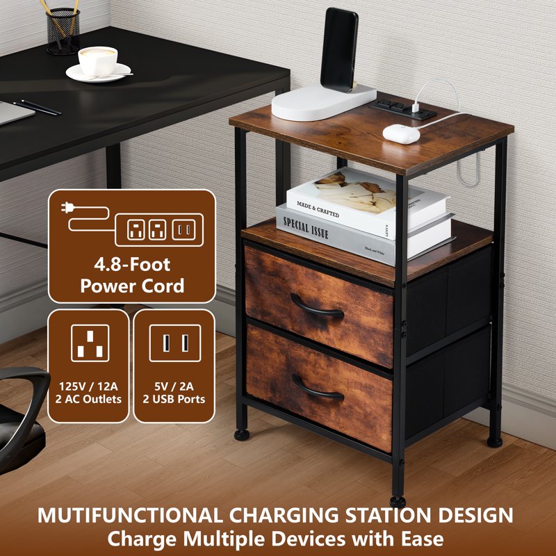 File Cabinet with Charging Station and Storage Shelves - Rustic Brown