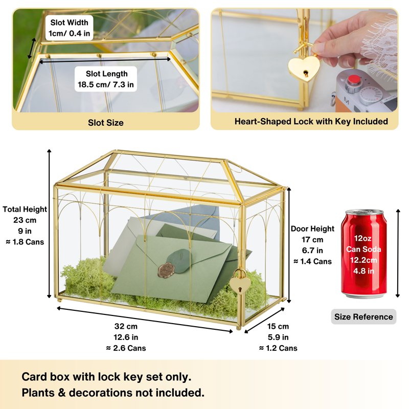 Glass Card Box with Lock and Slot for Weddings and Events - Gold, Silver, Black, Large or Small