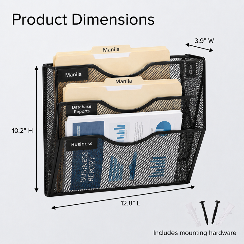 Wall File Organizer with 3 Pockets and Label Slots - Letter Size Document Holder
