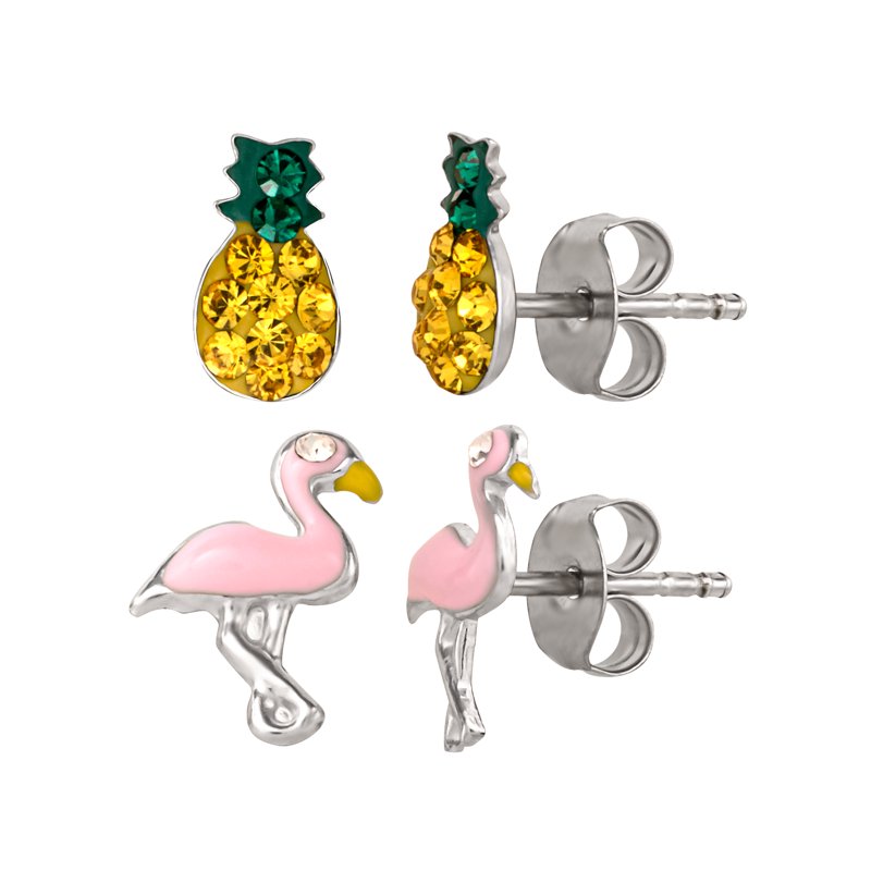 Kids Sterling Silver Crystal Pineapple and Flamingo Stud Earrings Set