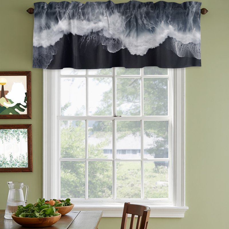 Black Coastal Window Valances Set - Light Filtering Kitchen Curtain Panels, Rod Pocket Short Window Treatments for Living & Bedroom