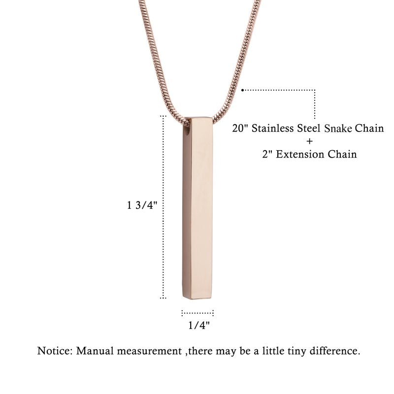 Rose Gold 3D Cremation Necklace with Fill Kit - Memorial Bar Ashes Holder Pendant