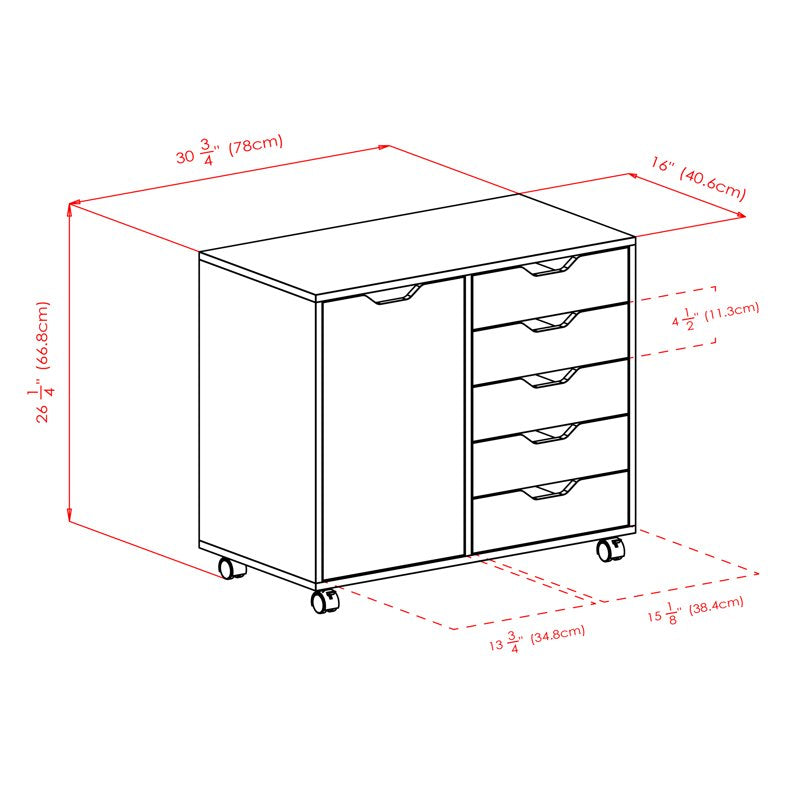 Mobile Storage Cabinet with 5 Drawers and Adjustable Shelf — White Finish