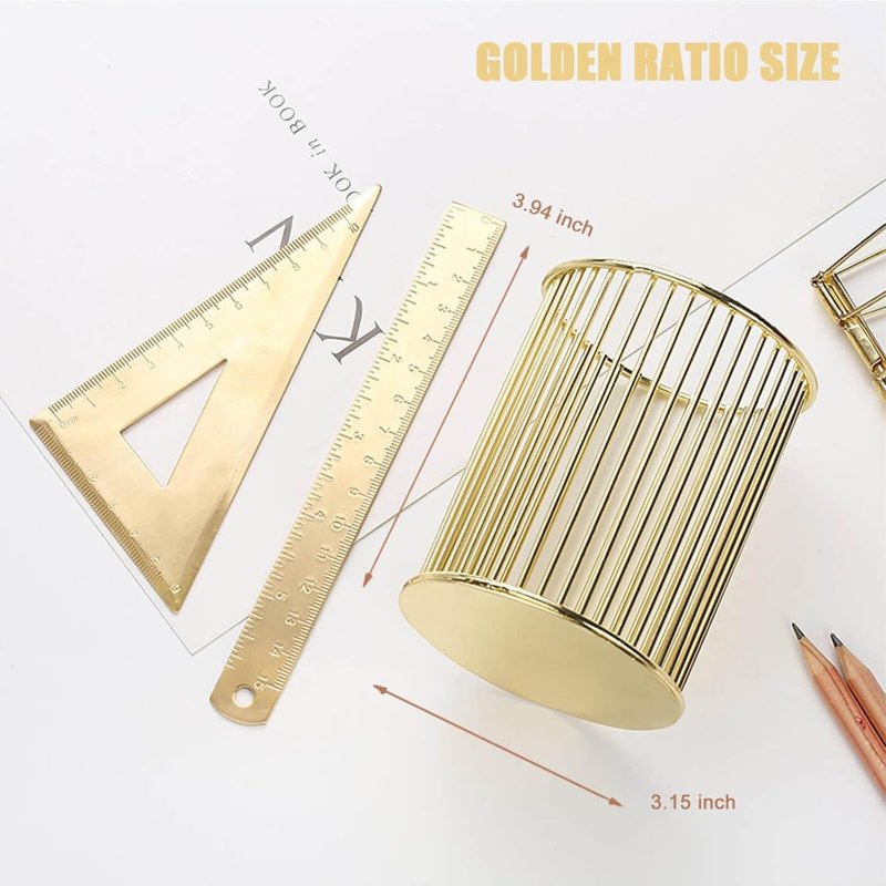 Gold Metal Pen Holder for Desk and Makeup Brush Organizer - Elegant Office & Vanity Accessory