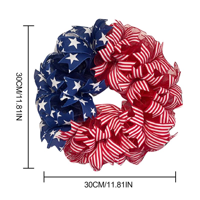 Patriotic Front Door Wreath with Red White Blue Ribbon Stars for Independence Day