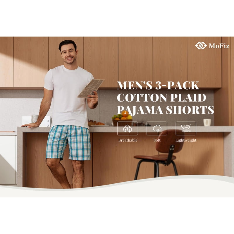 Men's 3-Pack Woven Cotton Pajama Shorts - Lounge Sleepwear, Plaid