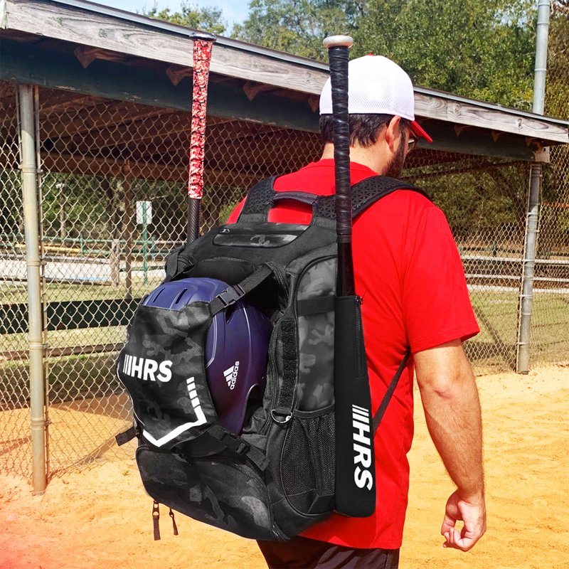 Baseball Bat Backpack Bag Holds 4 Bats Glove Helmet Sport Gear Black Camo
