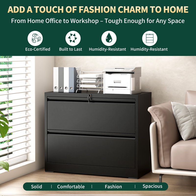 2-Drawer Lateral File Cabinet with Lock - Metal Office Storage for Letter & Legal Files