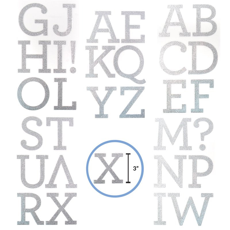 3-Inch Silver Glitter Iron-On Letters for Crafts, 5 Sheets, 31 Pieces