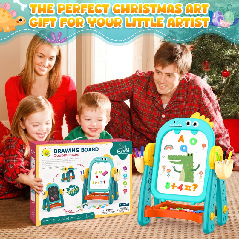 Kids Double Sided Chalkboard and Whiteboard Easel - Dinosaur Learning & Art Gift for Ages 2-6
