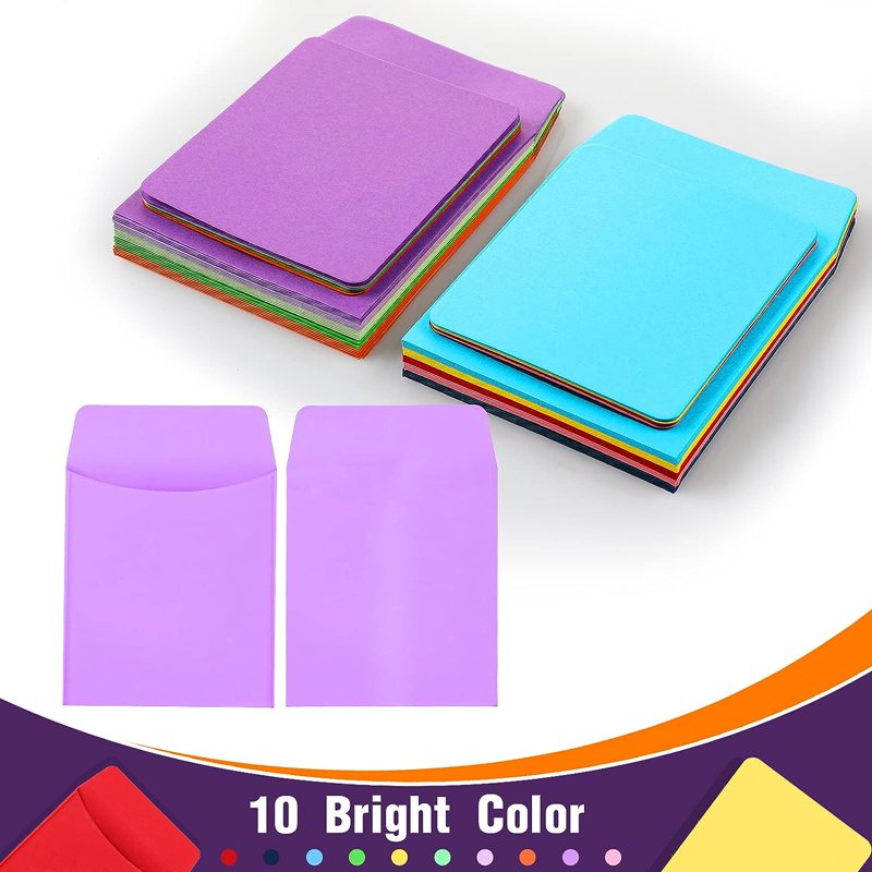 Colorful Library Card Envelopes Pack with Adhesive Dots for School & Office Use